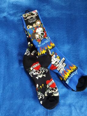 Ed Hardy Two Pairs Tattoo Print Crew Socks NEW!